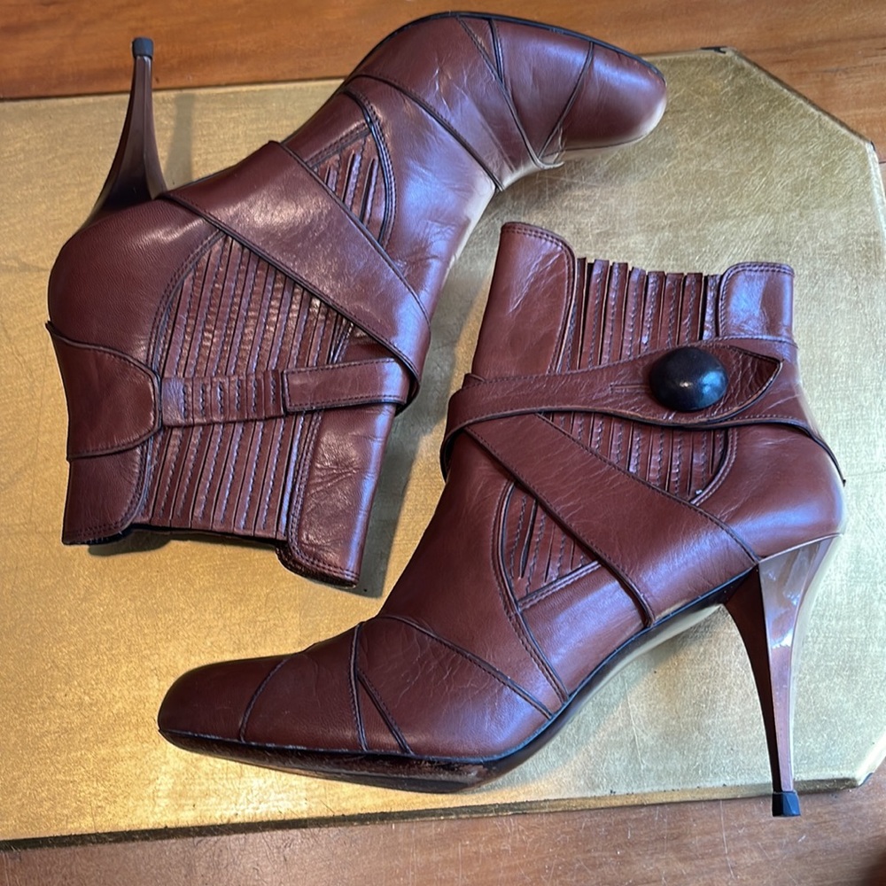 Miu Miu Capretto Stitch Cotto Leather Booties in Brown Leather and Copper